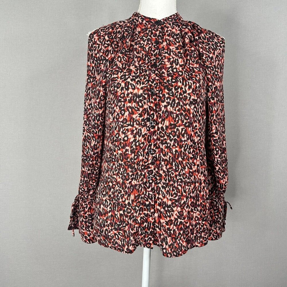 Karen Millen Womens Top 2 Red Leopard Button Blouse Cold Shoulder Bell Sleeve